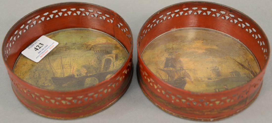 Pair of red and gilt tole bottle coasters having (1 of 8)