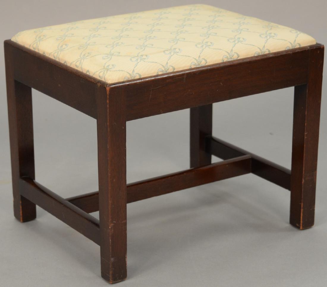 Kittinger mahogany stool with upholstered top. height: Kittinger mahogany stool with upholstered top. height 16 inches, top: 16" x 20" Provenance: Estate of Peggy & David Rockefeller having stamp/label.