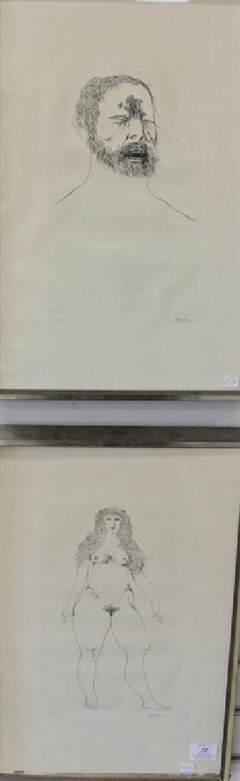 Two etchings by Leonard Baskin to include Portrait of: Two etchings by Leonard Baskin to include Portrait of Man, signed in pencil and numbered 8/90 (12" x 7 1/4"), and Standing Female Nude, signed in pencil and numbered 8/90 (11 3/4" x 7 1/2").