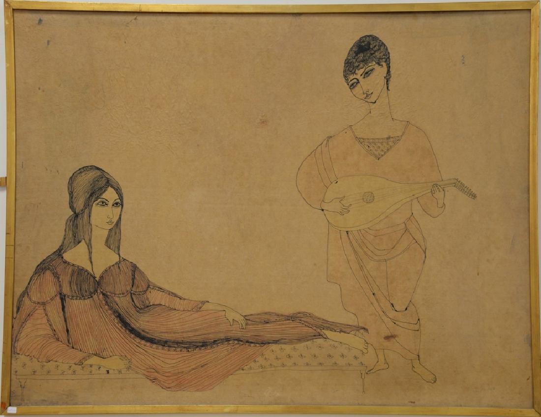 Iris Brody (20th century), ink and watercolor on: Iris Brody (20th century), ink and watercolor on parchment, Reclining Female Figure Surrendered by a Musician, signed lower right, 35 1/2" x 47".