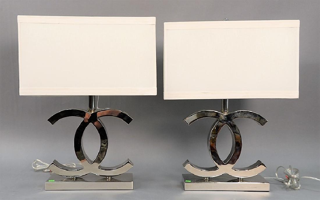 Pair of Chanel table lamps, stainless steel, with large (1 of 3)