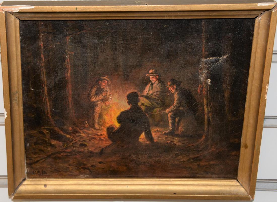 Oil on canvas, Four Men in Woods Around Campfire, (1 of 4)