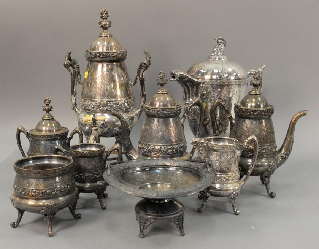 Nine piece silverplate lot with seven piece tea and (1 of 8)