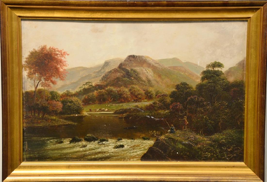 William James Smith Crampton (1855-1935) oil on board,: William James Smith Crampton (1855-1935) oil on board, Mountainous Landscape with Two Fishermen, original sales receipt from 1988, 12" x 18 1/2".