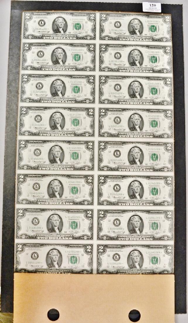 Uncut sheet of sixteen two dollar bills. 21" x 12": Uncut sheet of sixteen two dollar bills. 21" x 12"