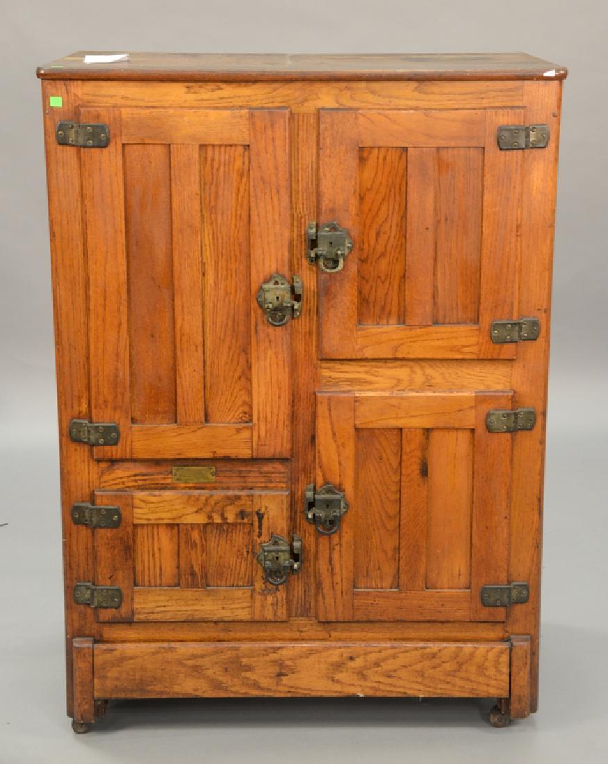 Oak three door ice box. ht. 51 1/2in., top: 20" x 37 (1 of 5)