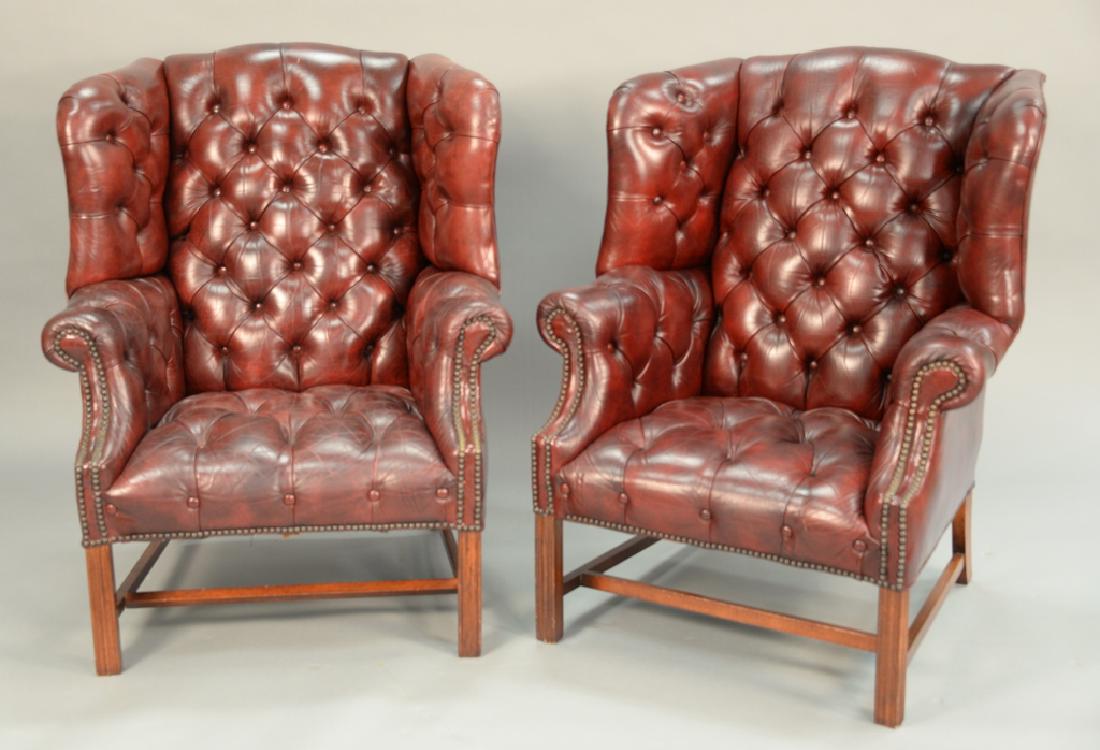Pair of tufted leather Chippendale style wing chairs. (1 of 5)