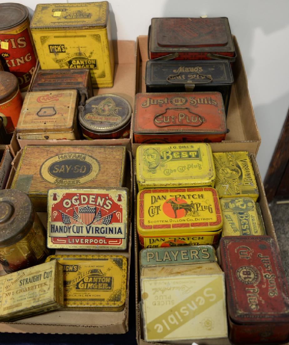 Four box lots of twenty assorted tobacco tins, three (1 of 4)