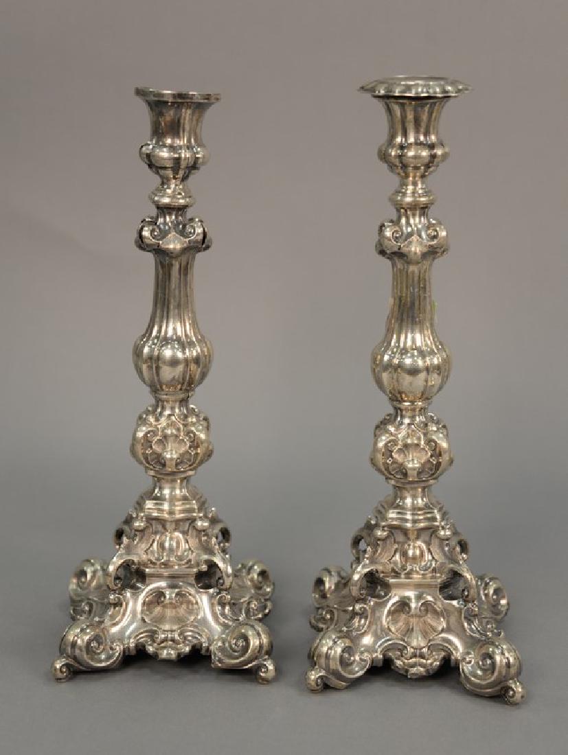 Pair of sterling Rococo hollow candlesticks (as is), 15: Pair of sterling Rococo hollow candlesticks (as is), 15.6 t oz, ht. 13 1/4in.