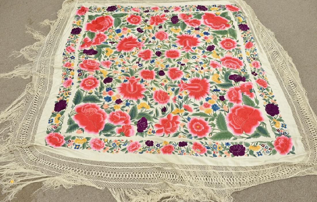 Embroidered silk shawl flower coverlet. (1 of 5)