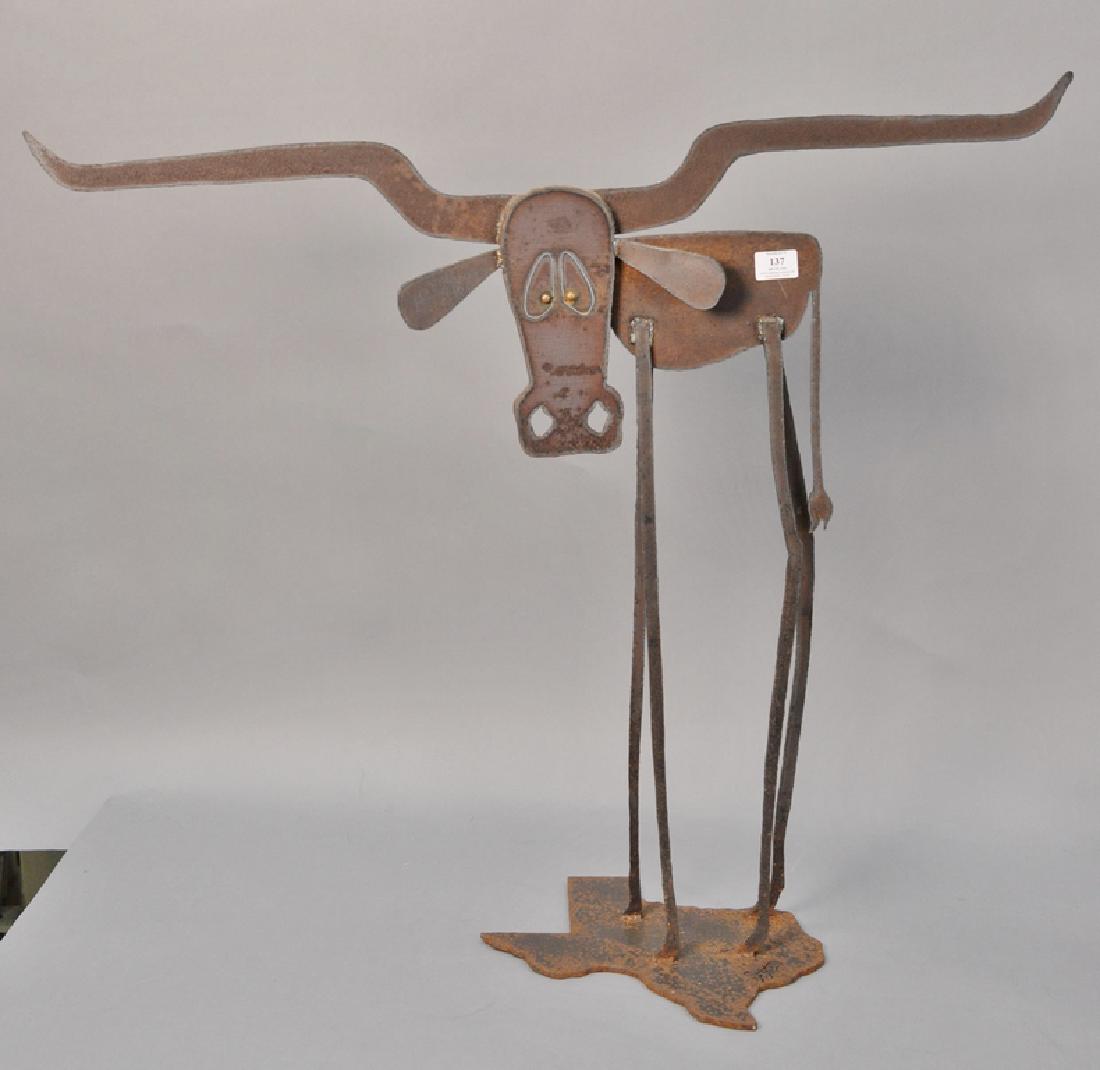 Wanye Rossi signed longhorn iron figure. ht. 31in., wd.: Wanye Rossi signed longhorn iron figure. ht. 31in., wd. 37in.