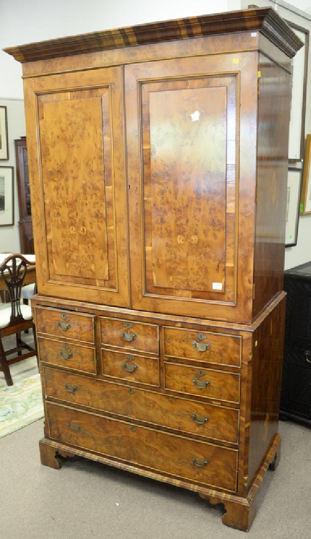 Burlwood linen press, probably 19th century. ht. 84in.,: Burlwood linen press, probably 19th century. ht. 84in., wd. 43in.
