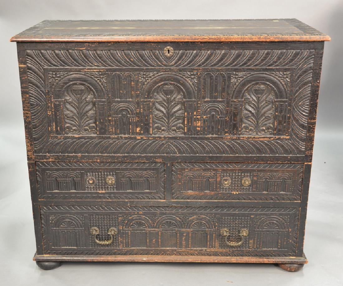 Oak Jacobean style blanket chest (two handles missing). (1 of 4)