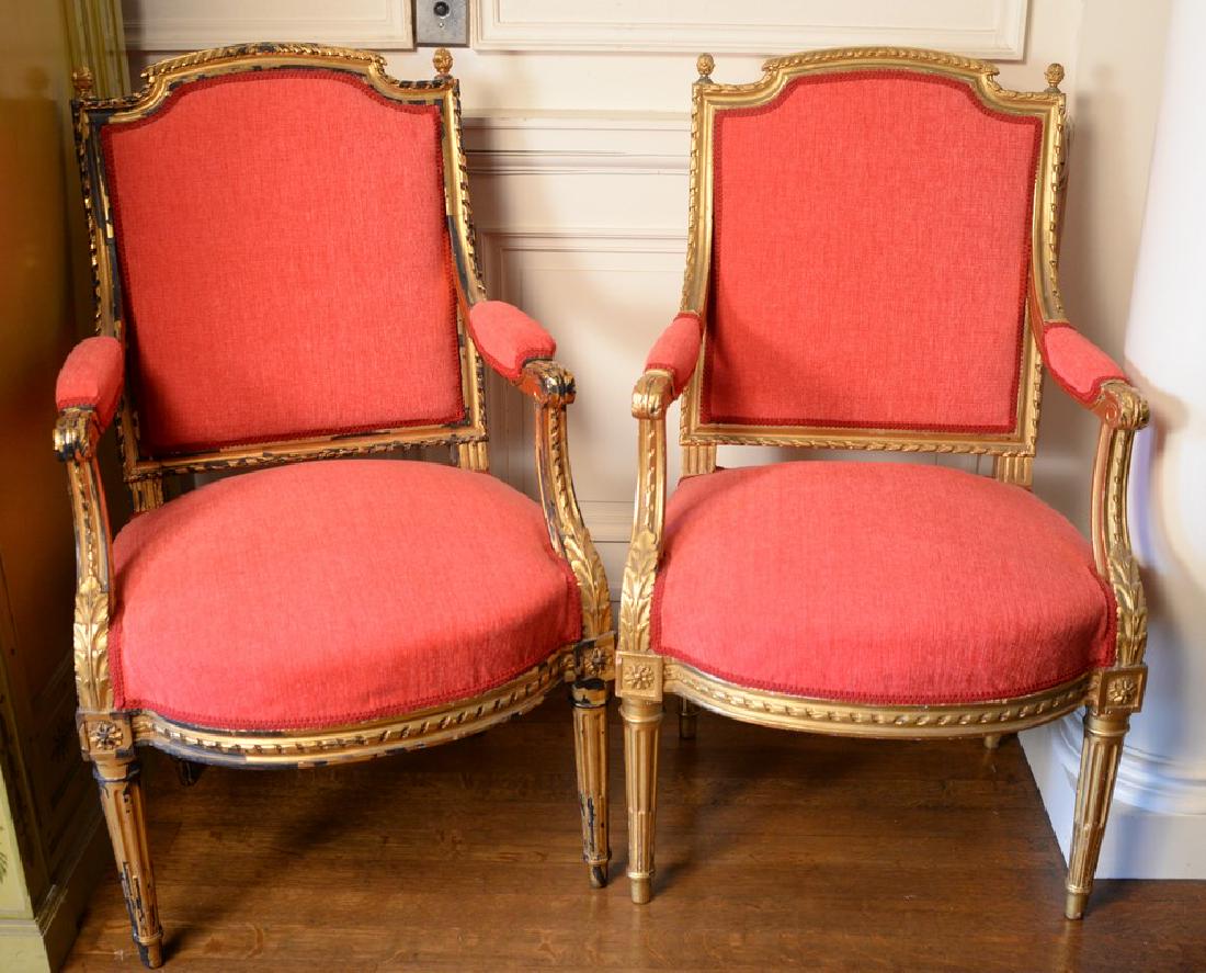 Set of five gilt decorated Louis XVI style bergeres.: Set of five gilt decorated Louis XVI style bergeres. height 35 inches ***If this lot is not picked up on Sat. 9/22, Sun. 9/23, or Tues 9/25 at Bellevue Ave. it will be moved to Nadeau's in Windsor, CT