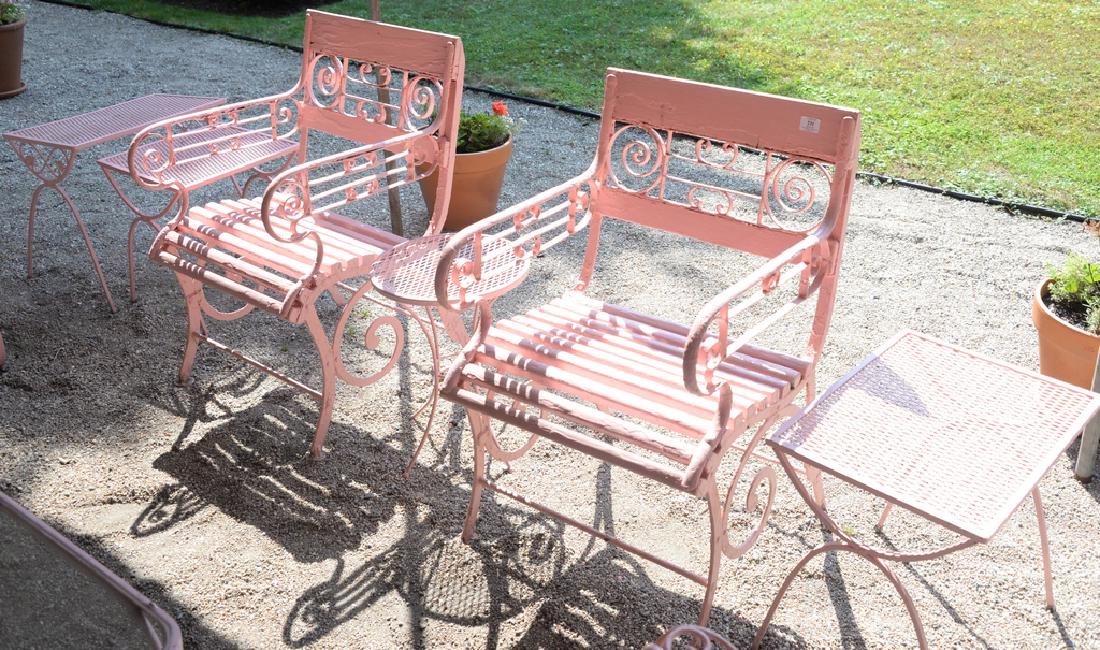 Pair of iron and wood armchairs and four small tables. (1 of 2)