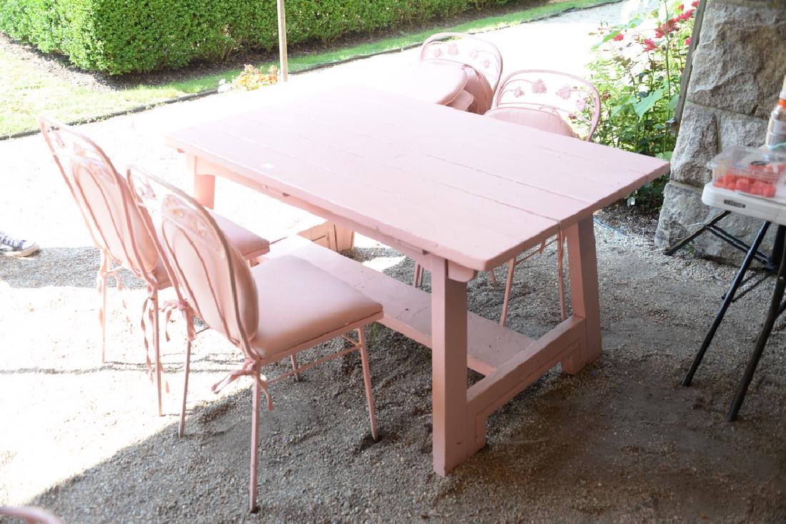 Wood table and four iron side chairs.  ***If this lot (1 of 2)