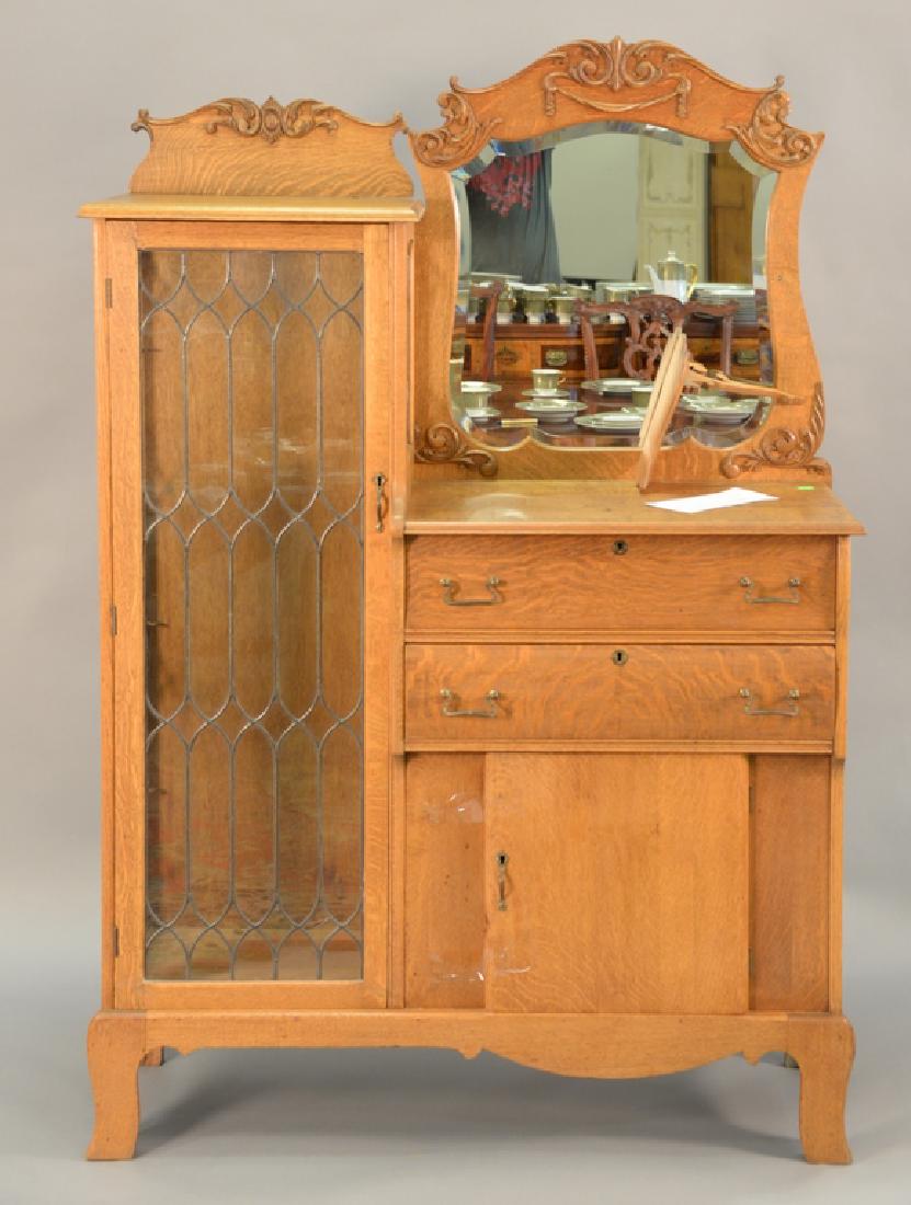 Victorian oak cabinet with leaded glass and mirror. ht. (1 of 4)