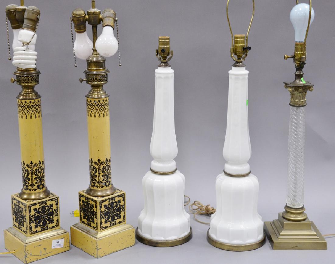 Group of five table lamps, pair of painted white metal (1 of 4)