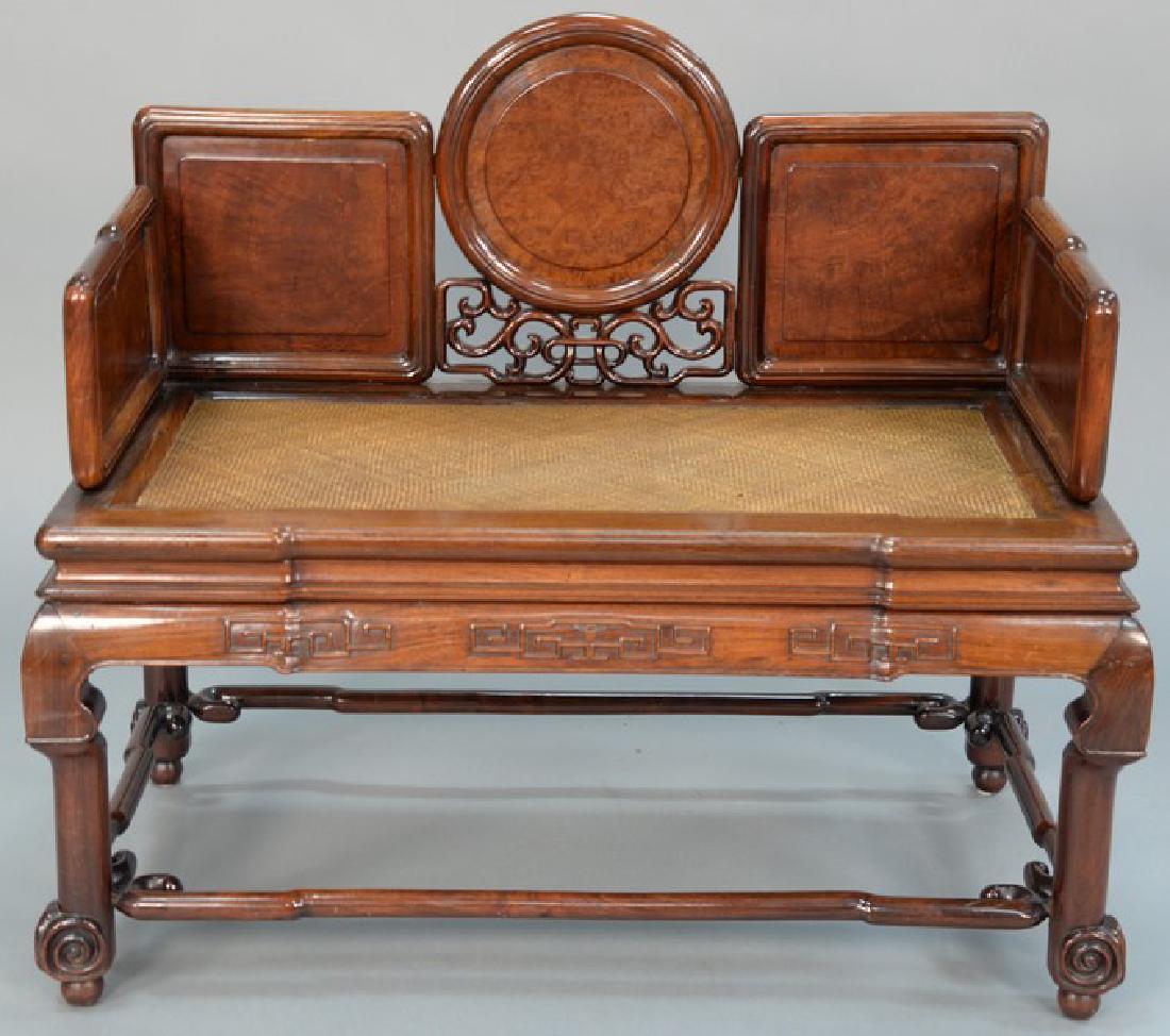 Chinese hardwood bench having burlwood panels and woven (1 of 20)