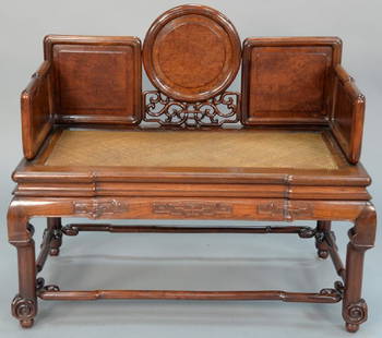 Chinese hardwood bench having burlwood panels and woven: Chinese hardwood bench having burlwood panels and woven seat with custom cushion. height 36 inches, width 41 inches, depth 22 inches