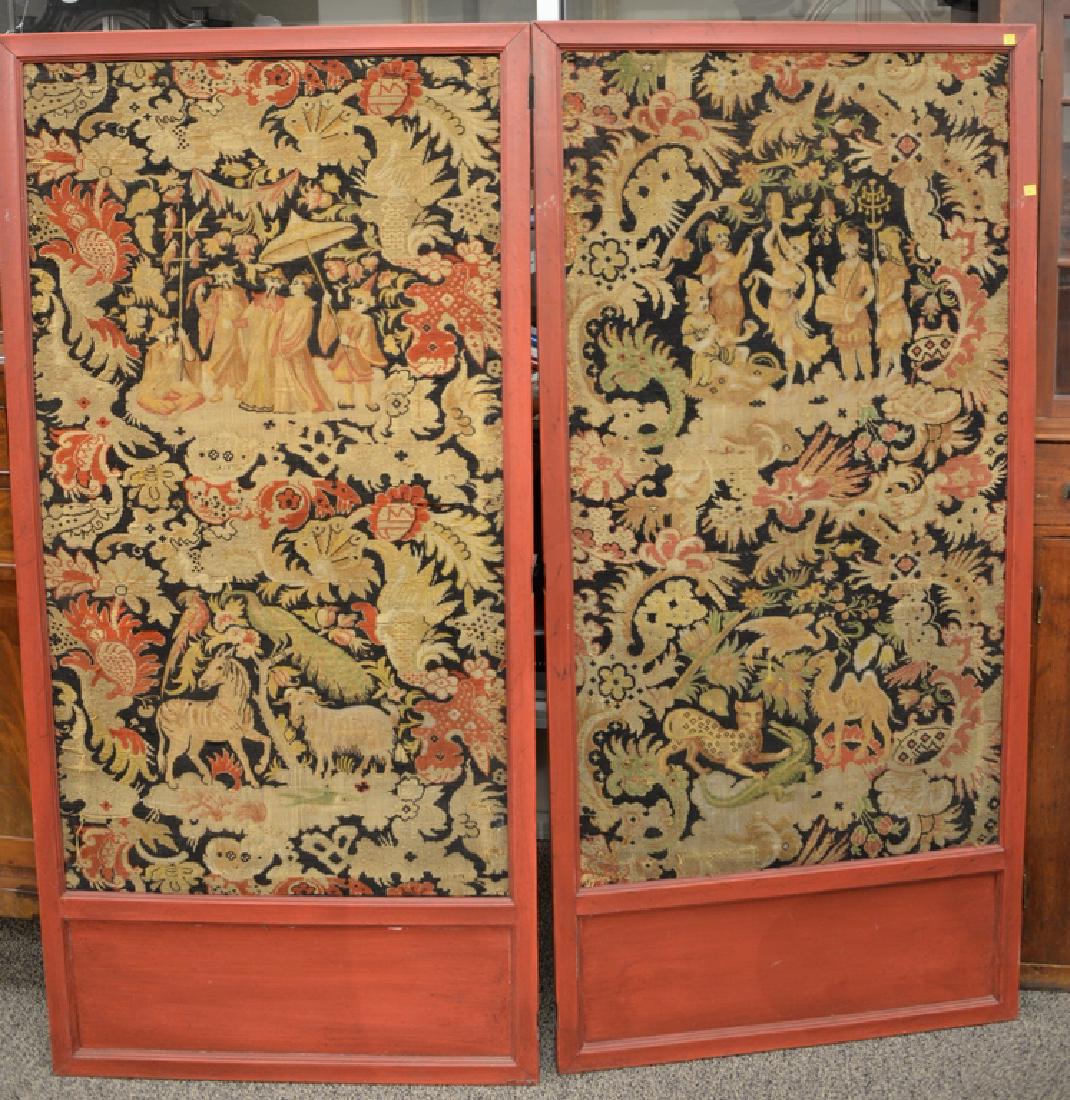 Two part needlepoint screen, two large panels depicting (1 of 5)