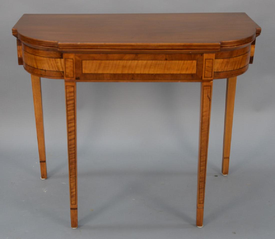 Federal maple D shaped game table with tiger maple: Federal maple D shaped game table with tiger maple panels. height 29 3/4 in., width 35 in., depth 17 in.