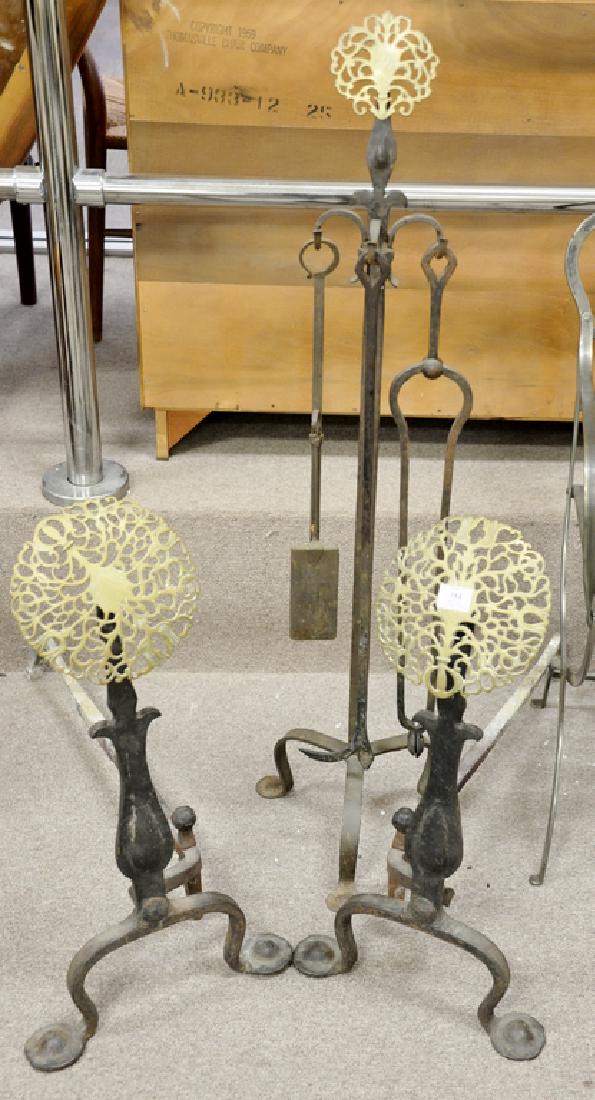 Andirons and tools, brass and iron. andiron ht. 27 in.: Andirons and tools, brass and iron. andiron ht. 27 in.