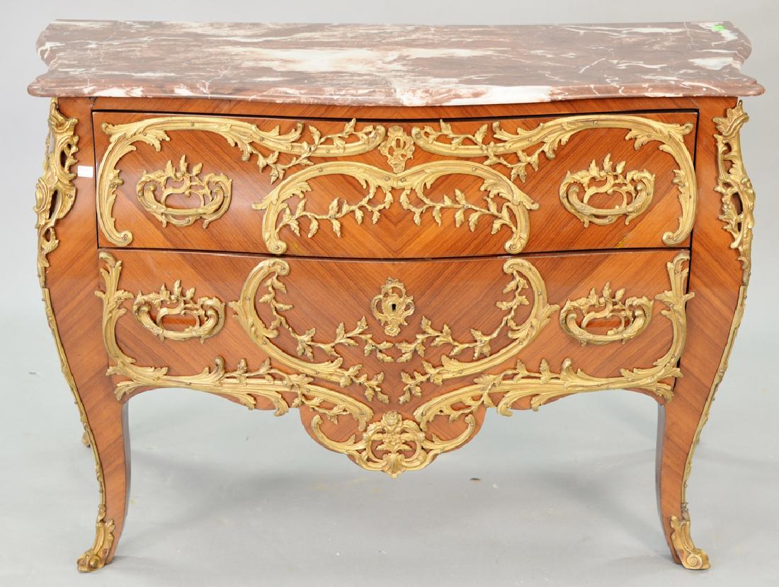 Pair of Louis XV style marble top commodes, 20th: Pair of Louis XV style marble top commodes, 20th century. ht. 34 in., top: 21 1/2" x 49 1/2"
