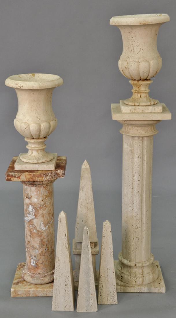 Travertine and marble group to include two urns, two: Travertine and marble group to include two urns, two pedestals, etc.