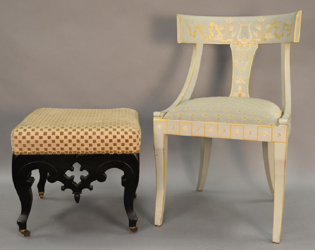 Nine piece group of furniture to include a mahogany: Nine piece group of furniture to include a mahogany inlaid tray top commode, hand painted chair, cherry stool, coat rack, etc.