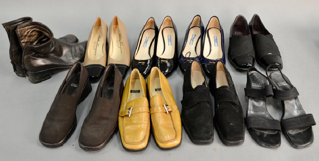 Group of nine pairs of womens shoes, four Stuart: Group of nine pairs of womens shoes, four Stuart Weitzman, two Prada, and two Salvatore Ferragamo. sizes 6 1/2 - 7.