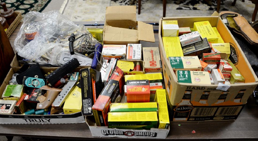Group of ammo and assorted items to include 20 gauge,: Group of ammo and assorted items to include 20 gauge, 12 gauge, 410 gauge shells, box of 45 cal. bullets, slings, holsters, 22-250, 30-30, 9mm, 308 etc.