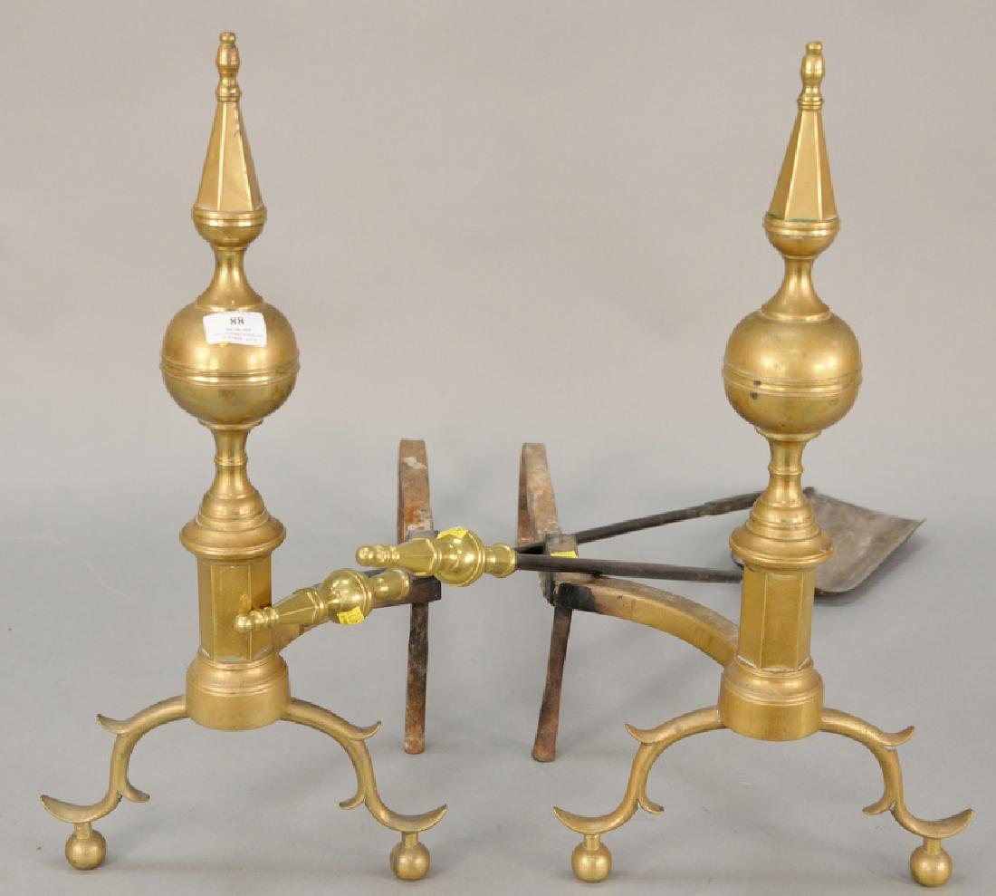 Four piece lot to include a pair of Federal steeple top: Four piece lot to include a pair of Federal steeple top andirons and two steeple top fire tools, circa 1830. andirons: height 23 1/2 in.
