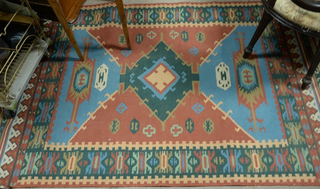 Three piece lot to include a flatweave carpet: Three piece lot to include a flatweave carpet, 13' x 16', throw rug, 3' x 5'4"; and a throw rug, 4' x 6'.