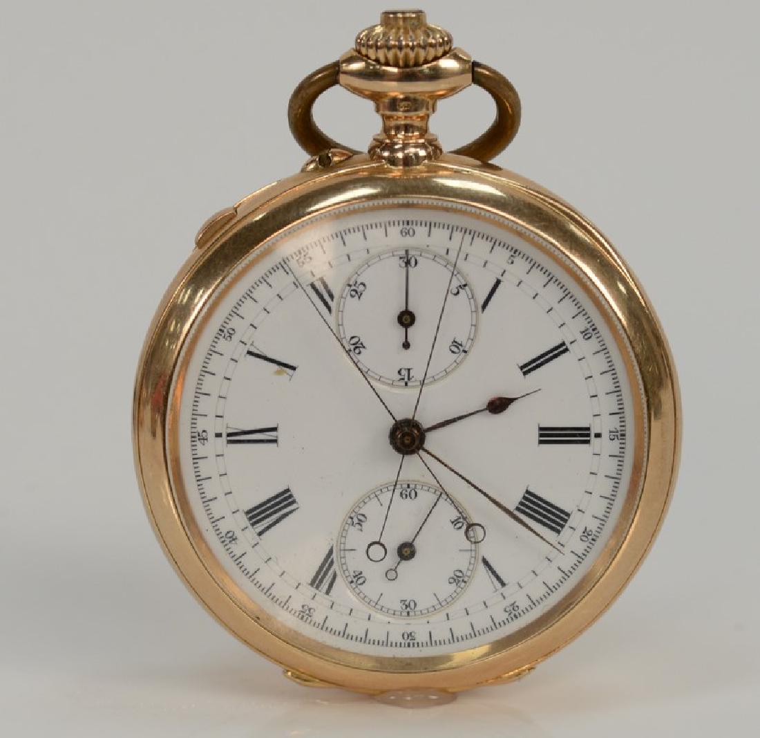 18 Karat gold open face pocket watch,  split second (1 of 5)