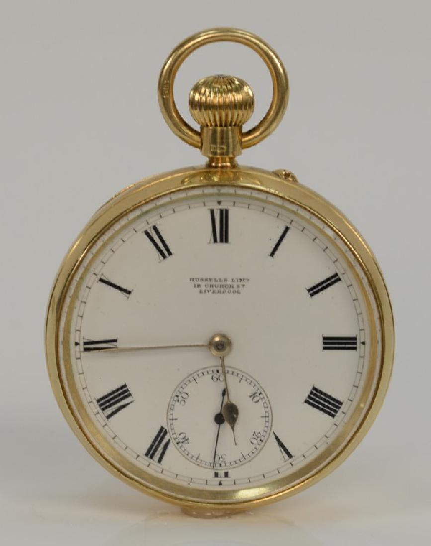 18 karat gold Russells Limited pocket watch, white: 18 karat gold Russells Limited pocket watch, white enameled dial marked Russells Lim 18 Church St. Liverpool, works marked: Time Day 208582. 48 mm *No credit card payments will be accepted for silver,