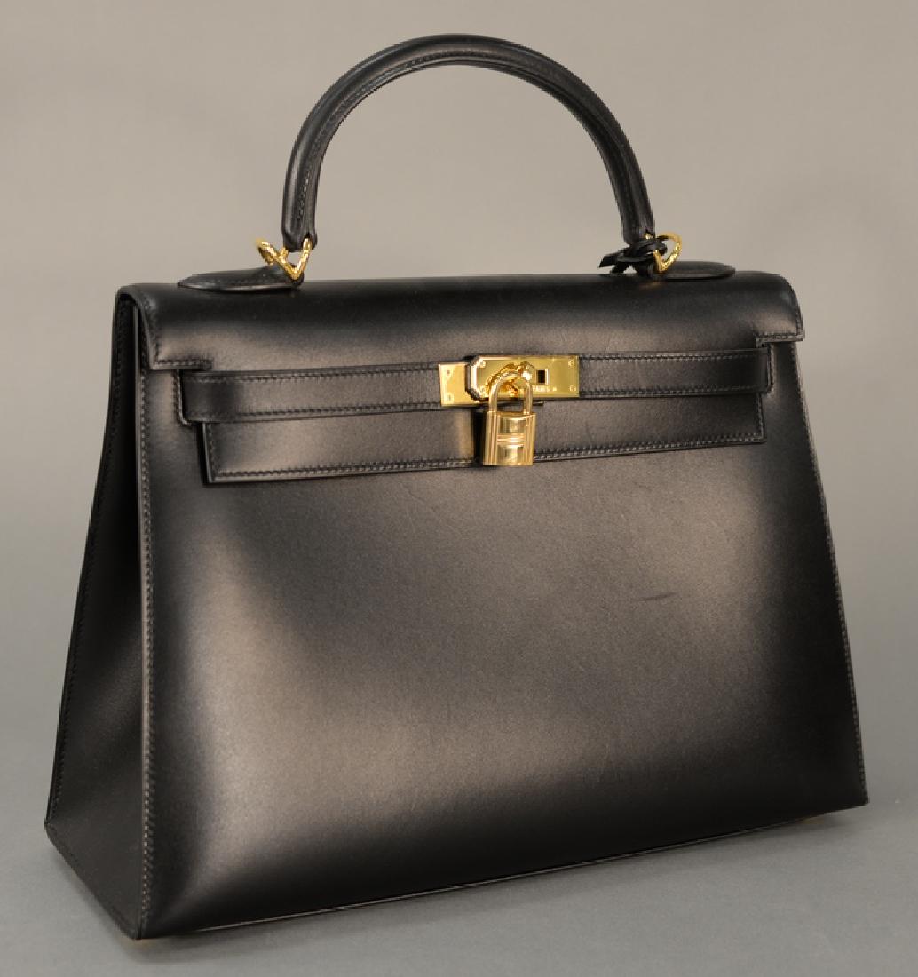 Hermes black leather Kelly bag with gold plated (1 of 8)
