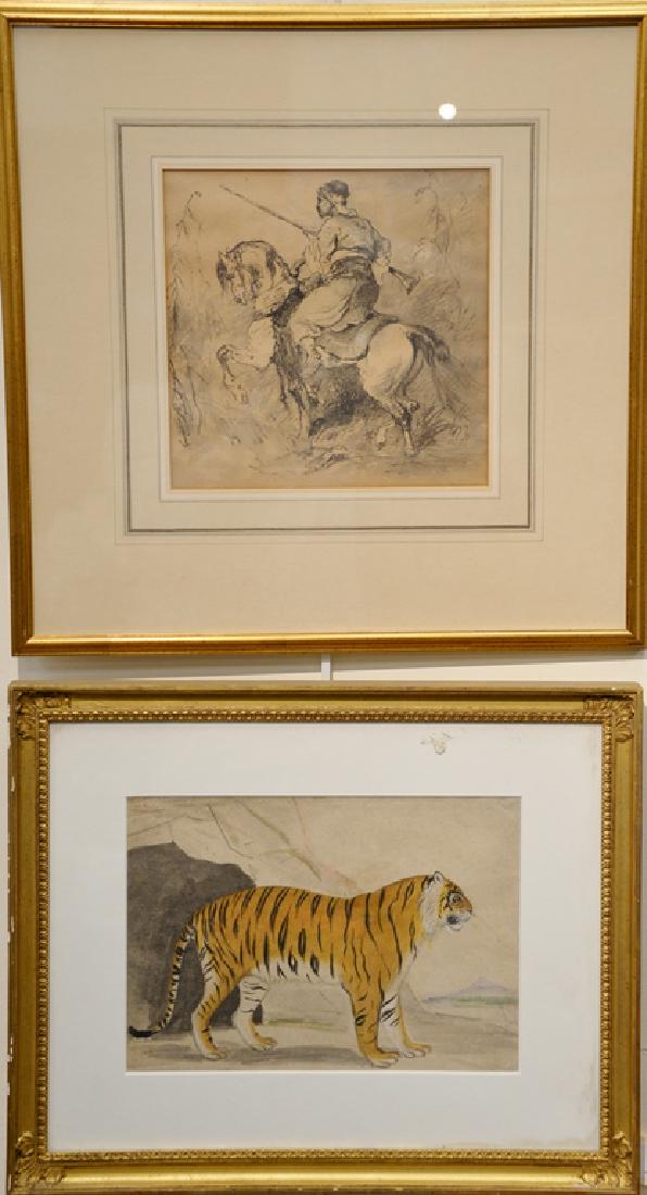Two Orientalist watercolors, (1) Arabian Soldier on: Two Orientalist watercolors, (1) Arabian Soldier on Horseback with long rifle, sight size 9" x 9 1/4" (2) Landscape with Standing Tiger, sight size 8 1/4" x 11 1/2" Provenance: Estate of Kenneth Jay L