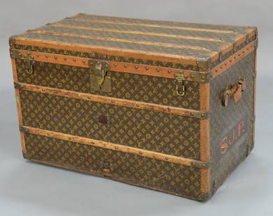 Louis Vuitton trunk, lift-top and single interior tray: Louis Vuitton trunk, lift-top and single interior tray (one leather handle as is, one missing). height 23 inches, top: 21" x 36" *No credit card payments will be accepted for silver, gold, or jewelry