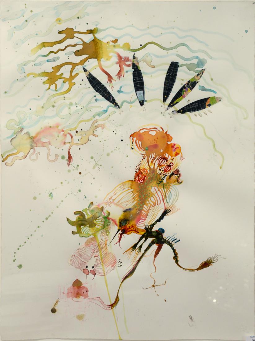 Rina Banerjee (b. 1963), mixed media on paper, "Buzz: Rina Banerjee (b. 1963), mixed media on paper, "Buzz Attack Stinger - Withdraw Swollen with Blood", label on verso: Newman Gallery, 30" x 20" Provenance: Estate from Brooklyn, New York *No credit card