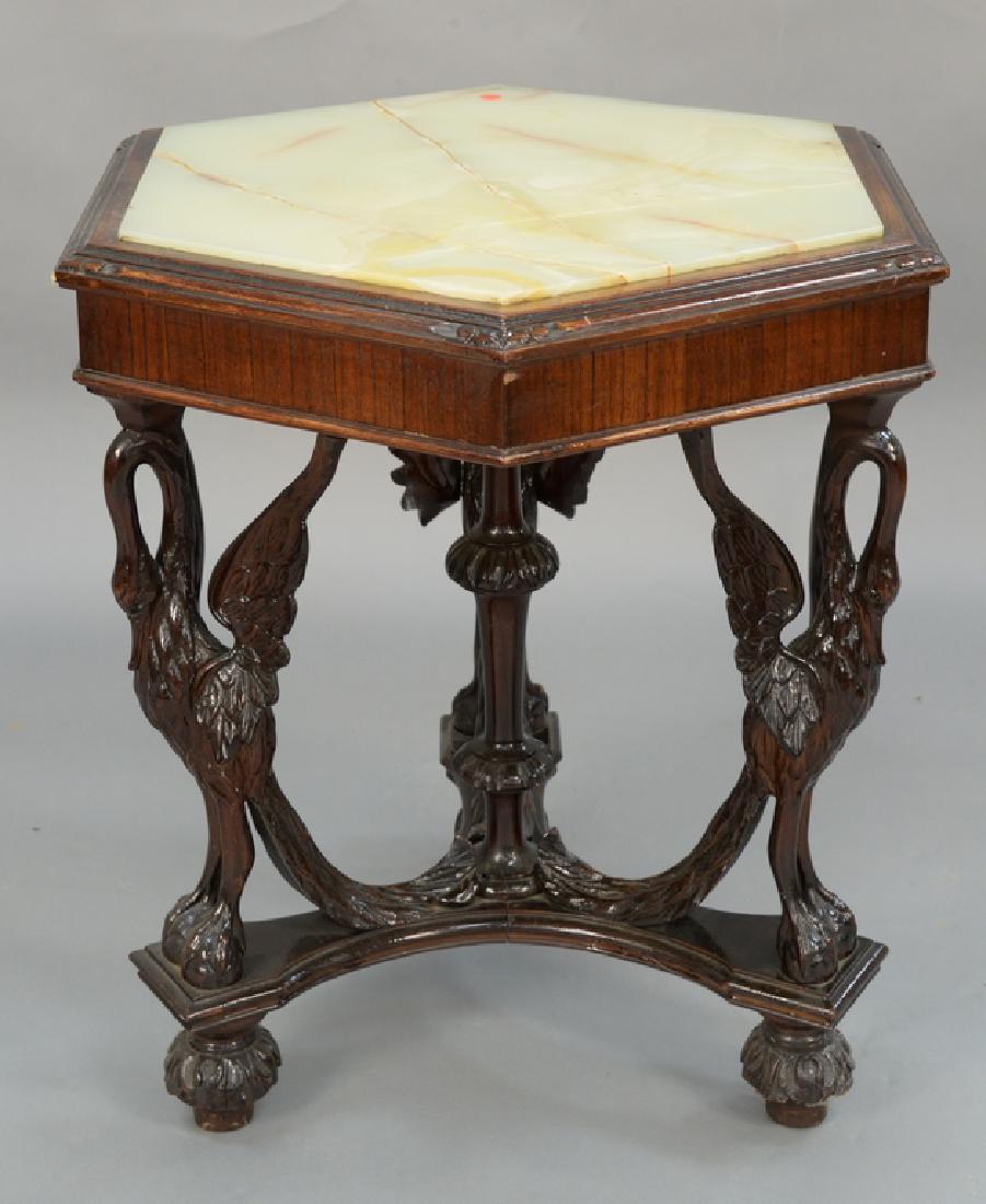 Onyx top six sided table with three carved birds on (1 of 4)