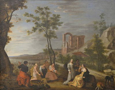 Cornelis Willaerts (1600-1666), oil on canvas, Moses: Cornelis Willaerts (1600-1666), oil on canvas, Moses Taken from the River, signed and dated lower left: Willaerts 1663, relined, 20" x 25 1/2" *No credit card payments will be accepted for silver, gol