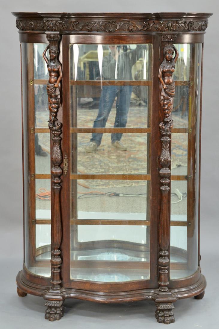 Oak crystal cabinet with serpentine glass door, (1 of 5)
