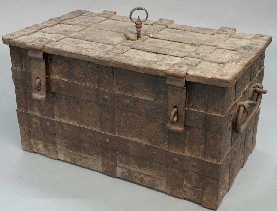 An iron bound "Armada" lift-top chest,  iron bands and (1 of 4)