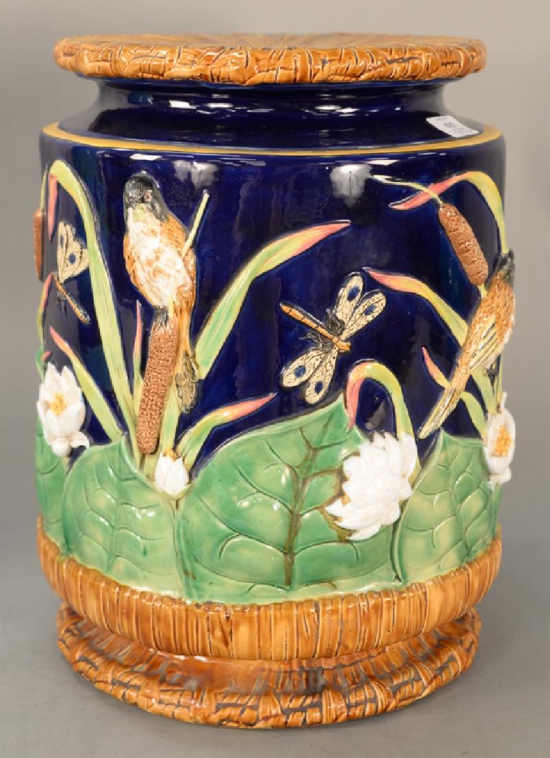 George Jones Majolica garden seat circa 1874, having: George Jones Majolica garden seat circa 1874, having birds, cattails, dragonflies, and water lily decorations on cobalt blue background. height 17 3/4 inches, diameter of top 12 1/4 inches *No credit 