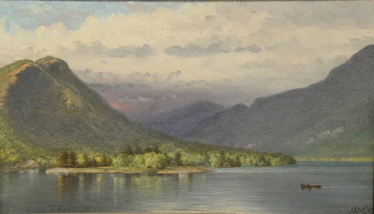 Nelson Augustus Moore (1824-1902), oil on canvas,: Nelson Augustus Moore (1824-1902), oil on canvas, "Lake George", signed and dated lower right: N.A. Moore 89, titled on stretcher, relined, 14 1/4" x 24 1/4" *No credit card payments will be accepted