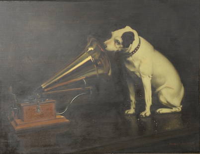 Francis Barraud (1856-1924),  oil on canvas,  "His: Francis Barraud (1856-1924),  oil on canvas,  "His Master's Voice", "Nipper",  Trademark Edison Phonograph painting, originally titled "Dog Looking and Listening to a Phonograph",  relined,  28" x 36"