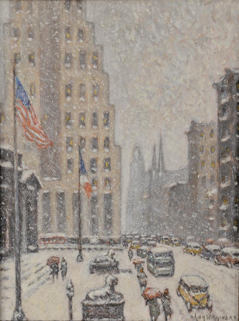 Guy Carleton Wiggins (1883-1962), oil on board,: Guy Carleton Wiggins (1883-1962), oil on board, "Winter at the Library", American Flag, 5th Avenue, signed lower right: Guy Wiggins N.A., titled and signed on verso, 16" x 12" *No credit card payments