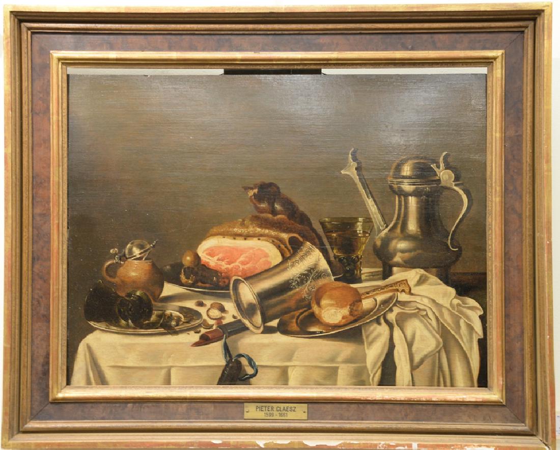 Studio of Pieter Claesz (1597-1660), oil on panel,: Studio of Pieter Claesz (1597-1660), oil on panel, Nature Morte Aux Pieces D'Orfevrerie, Pot Moutarde et Jambon, still life, unsigned, label on verso: Christie's 1996, 15 3/4" x 21" *No credit card pa