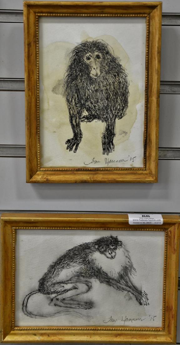 Three Jean Hannon (American 20th century), ink and wash: Three Jean Hannon (American 20th century), ink and wash on paper, monkey, signed: Jean Hannon, one unframed of turtle J. Hannon. 6 3/4" x 4 3/4" and 4 3/4" x 6 3/4" Provenance: Estate of Kenneth Jay L